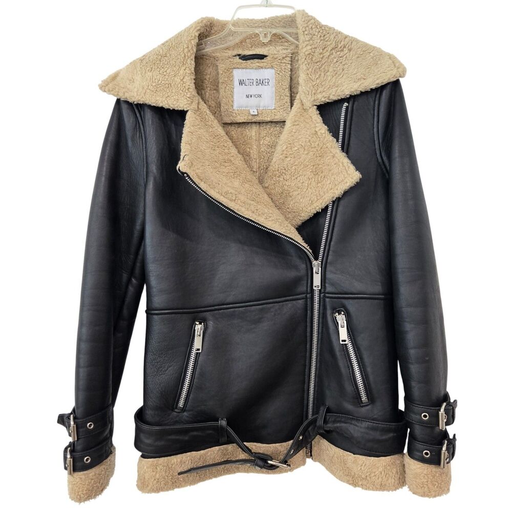 Walter Baker Womens Sz S Bria Lambskin Leather Biker Motorcyle Jacket Sherpa